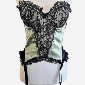 Frederick’s of Hollywood Lace Corset Bustier Garter Top Black Sage Green Size 34